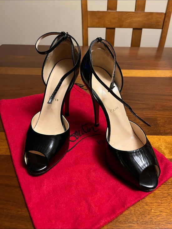 Christian Louboutin Shoes - Christian Louboutin Black Patent Leather Peep-Toe Ankle-Strap Stilettos, size 39